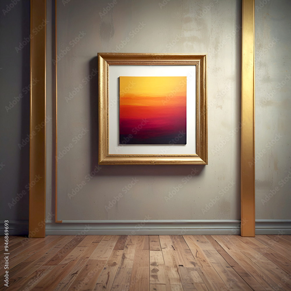 A sophisticated square picture frame mockup of a modern art gallery that has a front wall with a large square picture frame on it with stunning lighting and gold tones A sophisticated square picture frame mockup of a modern art gallery that has a front wall with a large square picture frame on it with stunning lighting and gold tones