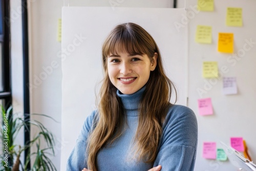 American Woman with Long Brown Hair and Bangs in Blue Turtleneck Sweater Smiling at Camera, Standing in Office Space with Post-it Notes on White Wall and Natural Light from Window