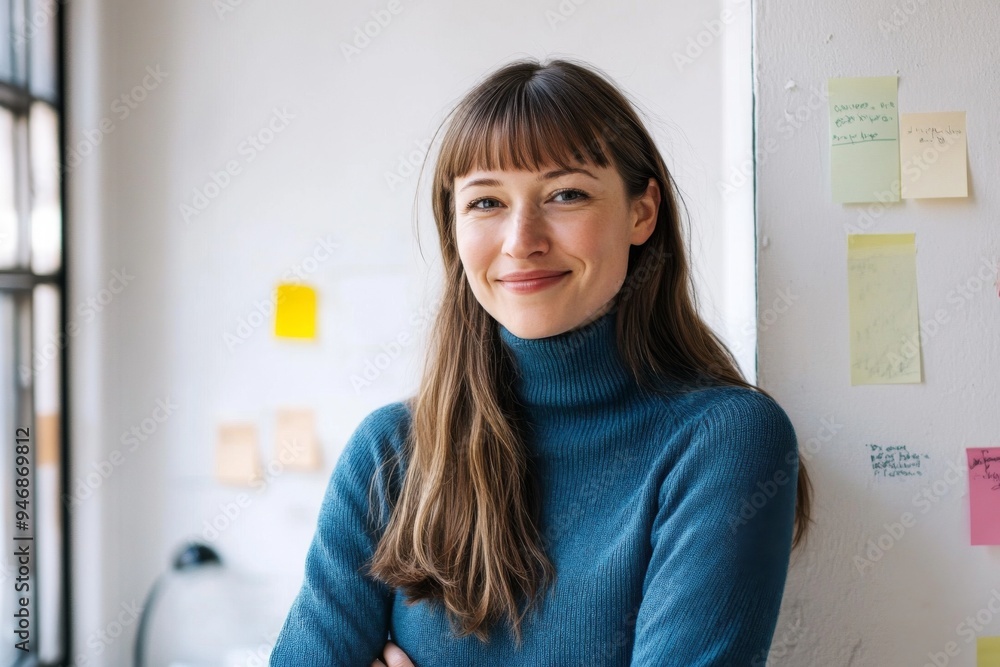 American Woman with Long Brown Hair and Bangs in Blue Turtleneck Sweater Smiling at Camera, Standing in Office Space with Post-it Notes on White Wall and Natural Light from Window American Woman with Long Brown Hair and Bangs in Blue Turtleneck Sweater Smiling at Camera, Standing in Office Space with Post-it Notes on White Wall and Natural Light from Window