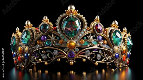Wallpaper Mural A stunningly detailed, ornate 3D tiara sparkles with intricate gemstones and metallic accents, resting regally against a velvet black background, exuding luxury and sophistication. Torontodigital.ca
