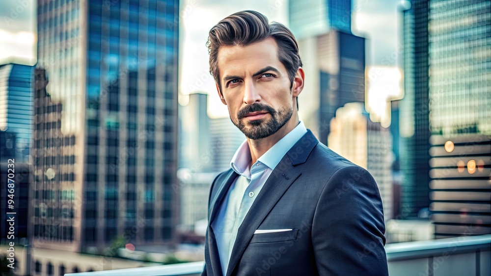 Fototapeta premium A stylishly dressed businessman in his 30s with a neatly trimmed goatee and slicked-back hair poses confidently against a sleek, modern cityscape background.