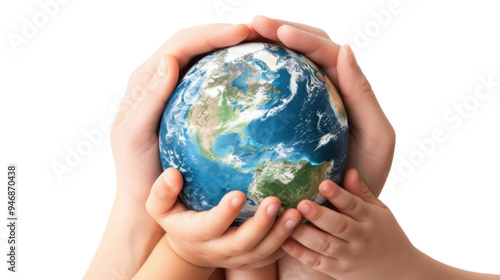 Hands holding a green globe, earth isolated on white background photo