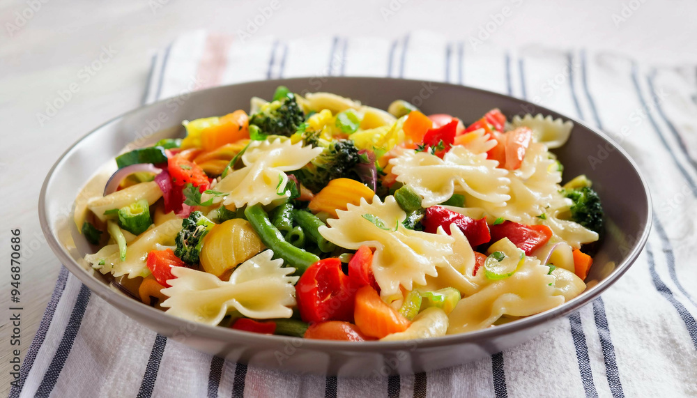 Close-up of farfalle pasta mixed with a variety of vegetables, including broccoli, red bell peppers, and green beans, served in a wide gray bowl, placed on a striped fabric background. Close-up of farfalle pasta mixed with a variety of vegetables, including broccoli, red bell peppers, and green beans, served in a wide gray bowl, placed on a striped fabric background.