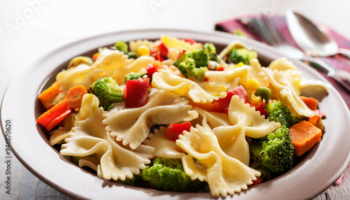 Close-up of farfalle pasta mixed with broccoli, cherry tomatoes, and carrots, served in a beige bowl with a gray rim, placed on a light surface with utensils in the background.