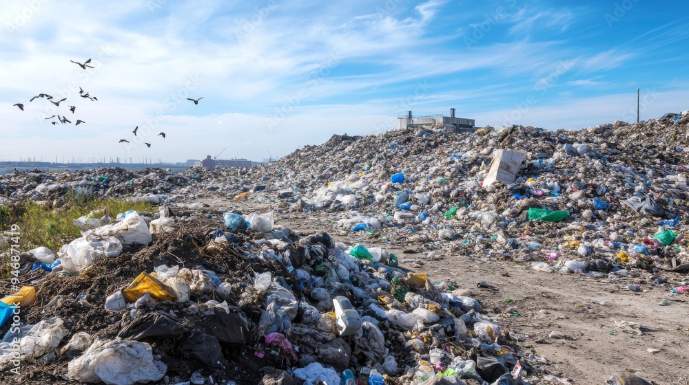 A large landfill with a mountain of trash and a flock of birds flying overhead.
