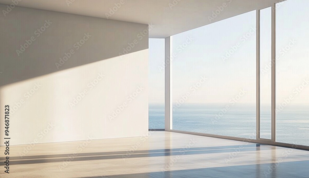 Minimalist Room with Soft Sunlight Streaming Through Large Window Overlooking the Ocean, Creating Gentle Shadows on the Floor, Showcasing the Beauty of Natural Light and Minimalist Interior Design Minimalist Room with Soft Sunlight Streaming Through Large Window Overlooking the Ocean, Creating Gentle Shadows on the Floor, Showcasing the Beauty of Natural Light and Minimalist Interior Design