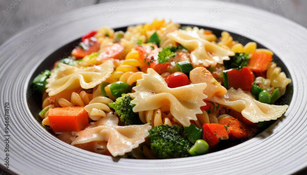 Close-up of mixed pasta shapes, including farfalle and fusilli, combined with colorful vegetables like broccoli, carrots, and peas, served on a gray and black plate, highlighting the vibrant colors an Close-up of mixed pasta shapes, including farfalle and fusilli, combined with colorful vegetables like broccoli, carrots, and peas, served on a gray and black plate, highlighting the vibrant colors an