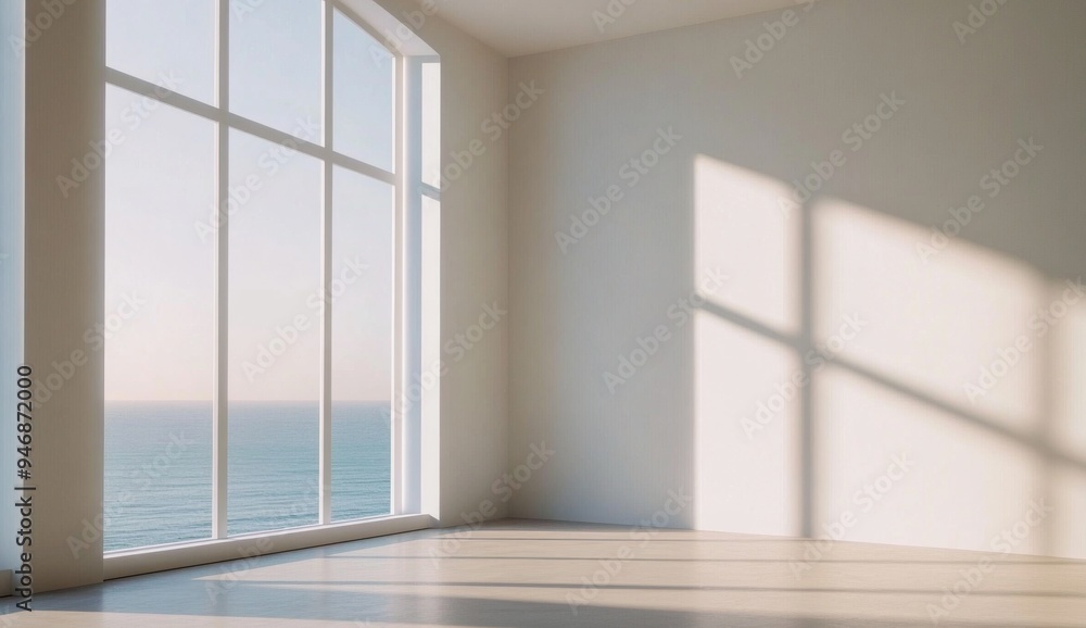 Minimalist Room with Soft Sunlight Streaming Through Large Window Overlooking the Ocean, Creating Gentle Shadows on the Floor, Showcasing the Beauty of Natural Light and Minimalist Interior Design Minimalist Room with Soft Sunlight Streaming Through Large Window Overlooking the Ocean, Creating Gentle Shadows on the Floor, Showcasing the Beauty of Natural Light and Minimalist Interior Design