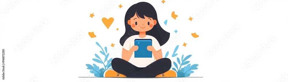 A girl sitting cross-legged, reading a book surrounded by colorful elements and nature motifs, embracing relaxation and joy. A girl sitting cross-legged, reading a book surrounded by colorful elements and nature motifs, embracing relaxation and joy.