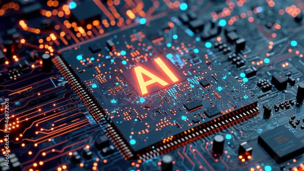 A computer chip with the letters AI on it. The chip is glowing with bright colors. Concept of technology and innovation A computer chip with the letters AI on it. The chip is glowing with bright colors. Concept of technology and innovation