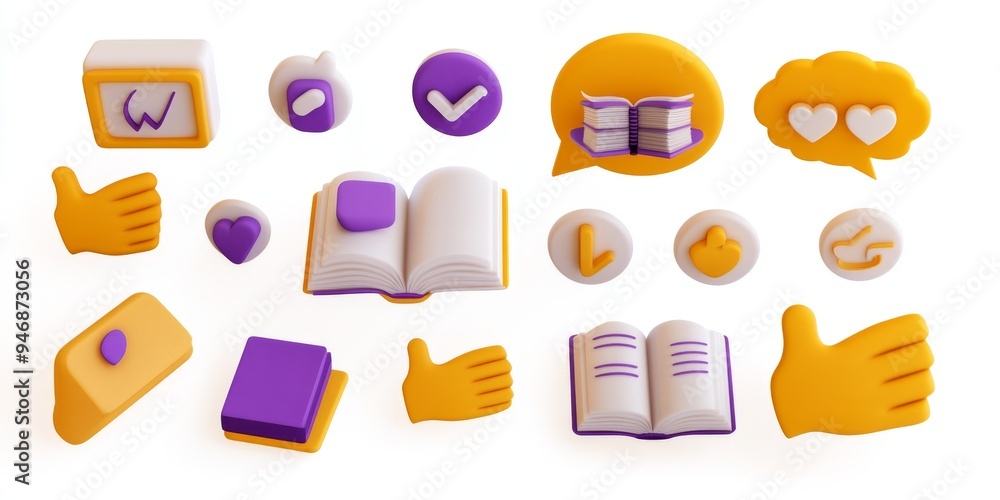 3D Icon Set for Social Media Posts Featuring Chat Bubbles, Hand Gestures, and Books. Yellow and Purple Cartoon-Style Vector Icons on a White Background. 3D Icon Set for Social Media Posts Featuring Chat Bubbles, Hand Gestures, and Books. Yellow and Purple Cartoon-Style Vector Icons on a White Background.