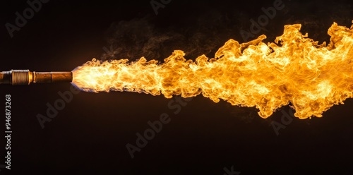 Close-up of a flamethrower shooting a burst of fire on a black background - flamethrower, flame, fire, powerful, heat photo