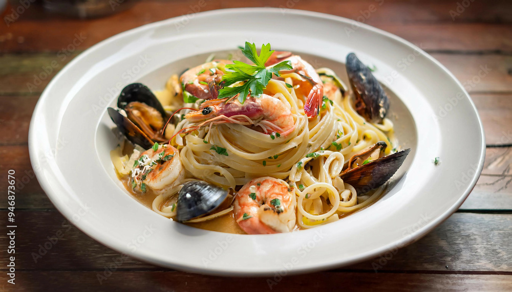Top view of seafood pasta featuring mussels and shrimp, arranged on a beige dish, with parsley garnish, on a wooden surface, highlighting the seafood and pasta textures. Top view of seafood pasta featuring mussels and shrimp, arranged on a beige dish, with parsley garnish, on a wooden surface, highlighting the seafood and pasta textures.