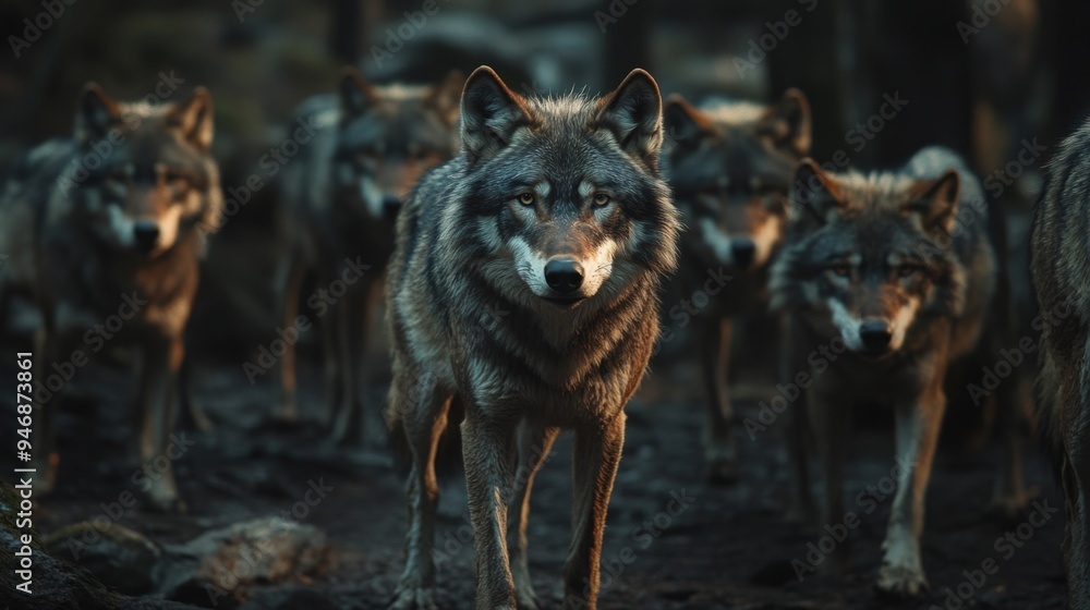 Obraz premium A pack of wolves stand in a dark forest, looking directly at the camera.