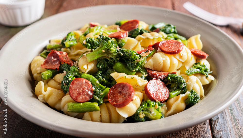 Top view of fusilli pasta mixed with broccoli florets and sliced sausage, presented in a beige dish, with the textures of the ingredients contrasting against the rustic wooden surface. Top view of fusilli pasta mixed with broccoli florets and sliced sausage, presented in a beige dish, with the textures of the ingredients contrasting against the rustic wooden surface.