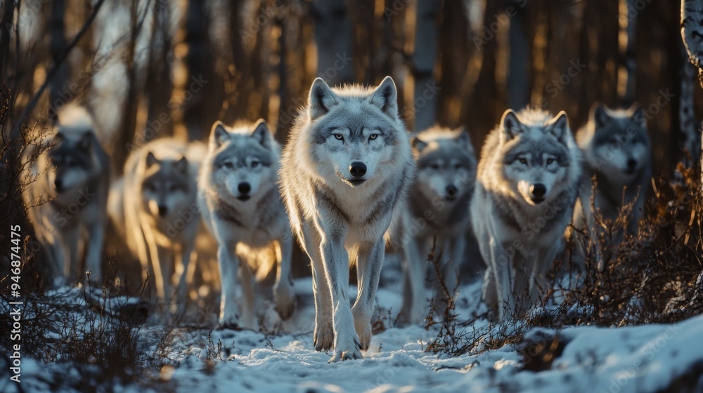 Obraz premium A pack of wolves walk through a snowy forest with the sun setting in the background.