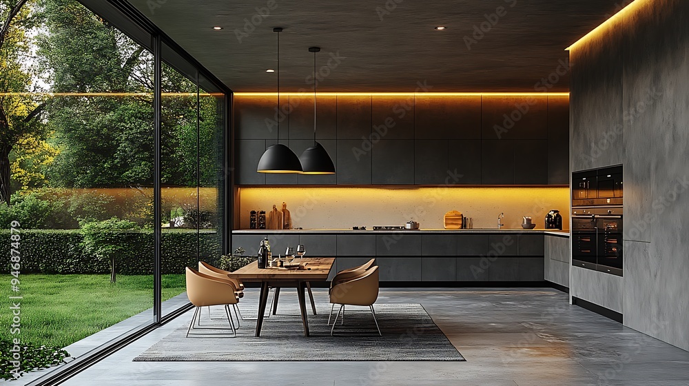 Stone house kitchen interior with cooking cabinet, dining table near window Stone house kitchen interior with cooking cabinet, dining table near window