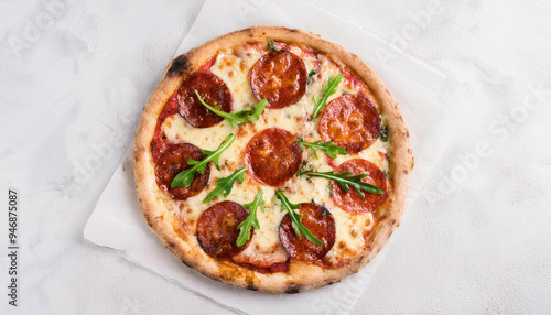 Top view of a pepperoni pizza with fresh arugula garnish, presented on a white marble background, showcasing the texture and color of the pizza and its toppings.