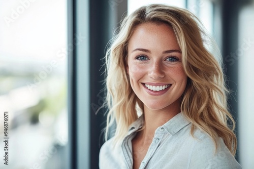 Portrait of a Smiling Blonde Woman in a Casual Shirt by an Office Window with Blurred Background and Bright Light, Captured Using a Canon EOS R5 Camera for a Professional Look