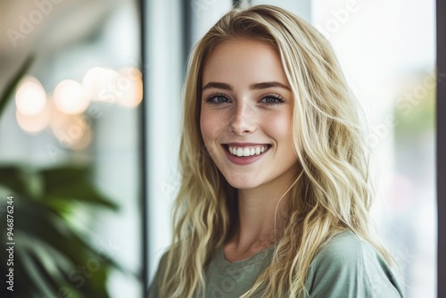 Portrait of a Smiling Blonde Woman in a Casual Shirt by an Office Window with Blurred Background and Bright Light, Captured Using a Canon EOS R5 Camera for a Professional Look