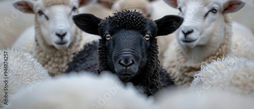 A striking black sheep stands out amidst a flock of white sheep, symbolizing uniqueness.