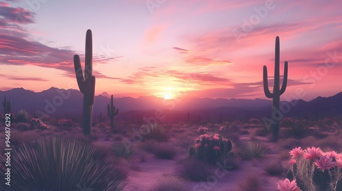 Landscape Desert Garden, Saguaro and flowering cactus. Digital Illustration of vivid sunset. 