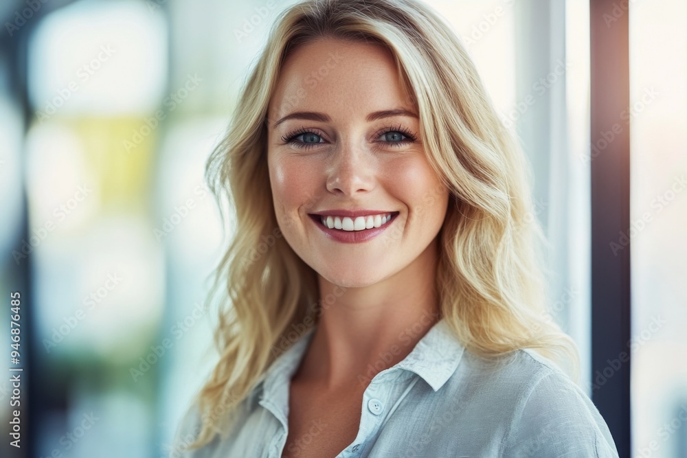 © 为轩 张 - Portrait of a Smiling Blonde Woman in a Casual Shirt by an Office Window with Blurred Background and Bright Light, Captured Using a Canon EOS R5 Camera for a Professional Look © 为轩 张 - Portrait of a Smiling Blonde Woman in a Casual Shirt by an Office Window with Blurred Background and Bright Light, Captured Using a Canon EOS R5 Camera for a Professional Look