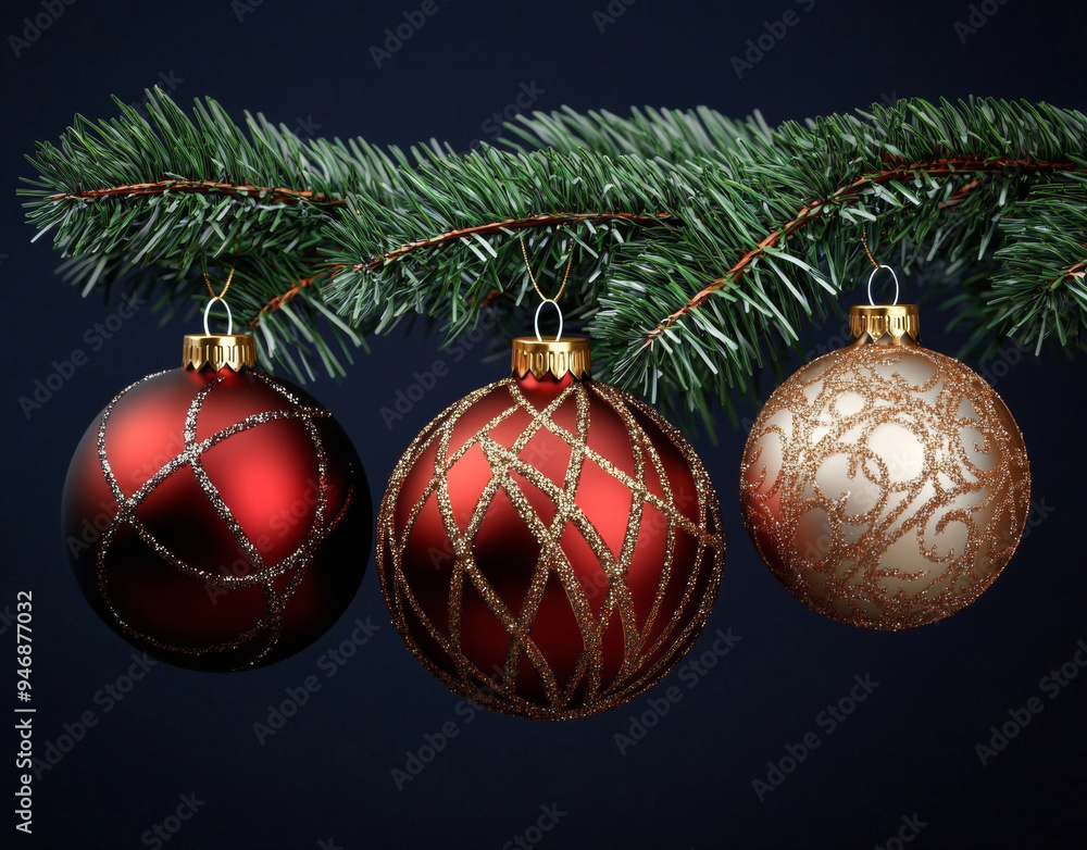 Christmas ornaments hanging from a pine branch, set against a dark blue background, capturing the festive holiday spirit.