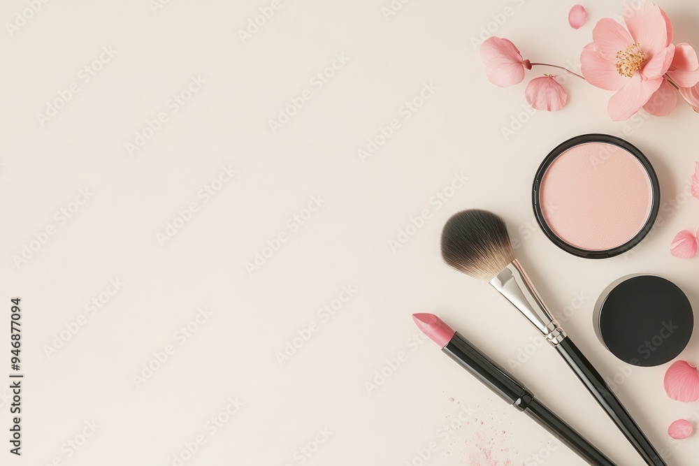 A neat arrangement features lipstick, makeup brushes, and powder against a light background, complemented by delicate flowers. Generative AI A neat arrangement features lipstick, makeup brushes, and powder against a light background, complemented by delicate flowers. Generative AI