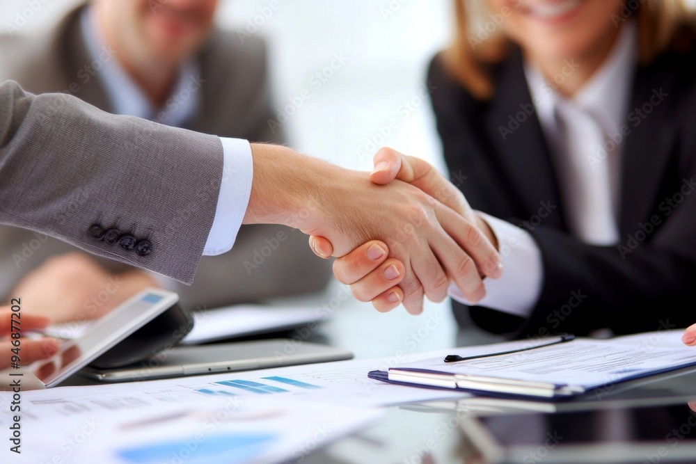 Close-Up of Business People Shaking Hands Over Documents and Tablets, Signifying Business Success and Collaboration in a Professional Office Setting Close-Up of Business People Shaking Hands Over Documents and Tablets, Signifying Business Success and Collaboration in a Professional Office Setting
