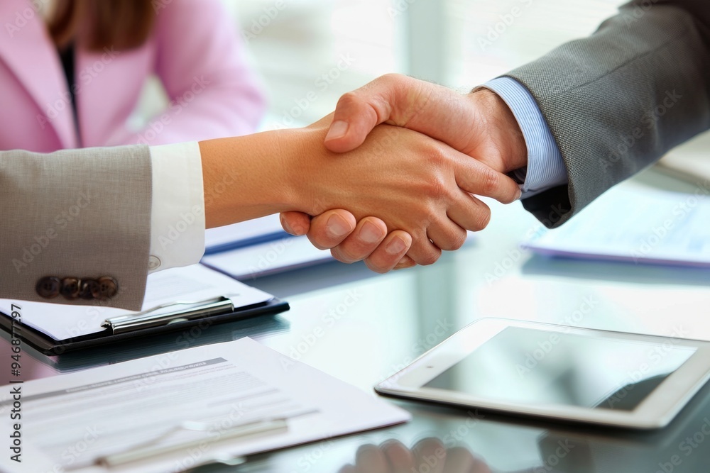 Close-Up of Business People Shaking Hands Over Documents and Tablets, Signifying Business Success and Collaboration in a Professional Office Setting Close-Up of Business People Shaking Hands Over Documents and Tablets, Signifying Business Success and Collaboration in a Professional Office Setting