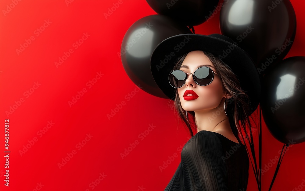 A stylish woman in black with red lips, holding black balloons against a bold red background, capturing a glamorous and edgy vibe A stylish woman in black with red lips, holding black balloons against a bold red background, capturing a glamorous and edgy vibe