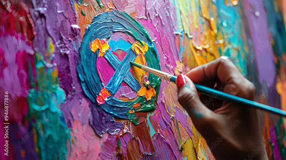Obraz premium Intersex LGBT community Close-up of a hand painting the intersex symbol on a canvas, surrounded by vibrant colors, digital art, dynamic brushstrokes, creative and expressive