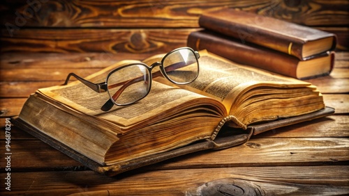 A worn, leather-bound dictionary lies open on a wooden desk, revealing a definition on a yellowed page, surrounded by scattered papers and a pair of reading glasses.