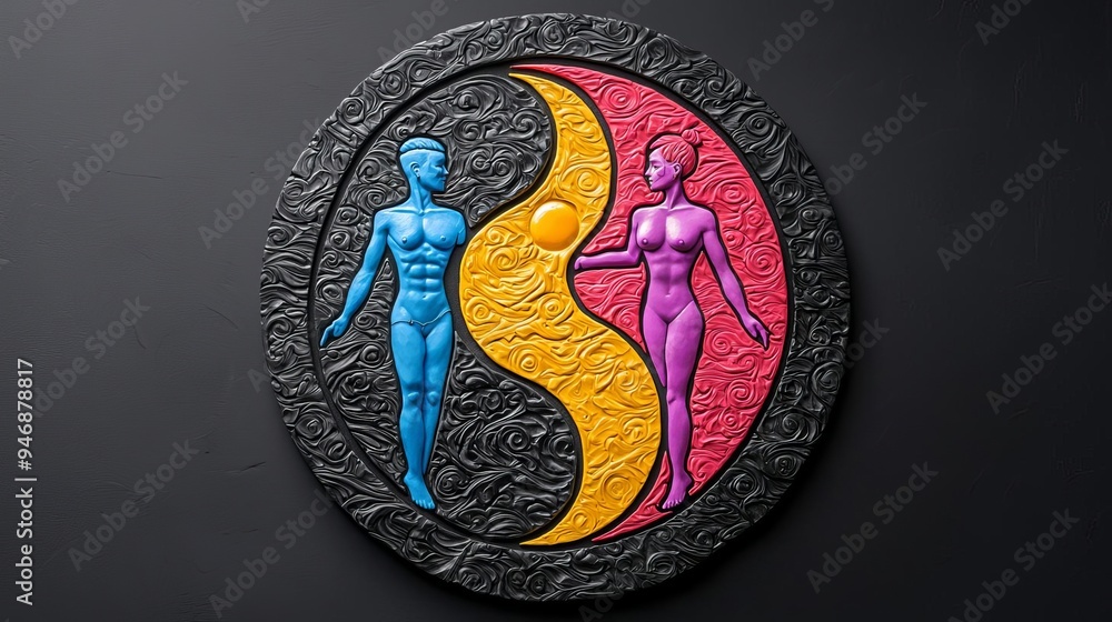 Obraz premium Intersex LGBT inclusion Artistic depiction of a yin-yang symbol with intertwined male and female symbols