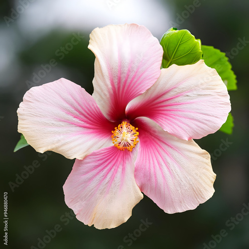 a pink and white hibiscus flower with a prominent yellow stamen and a green leaf isolated