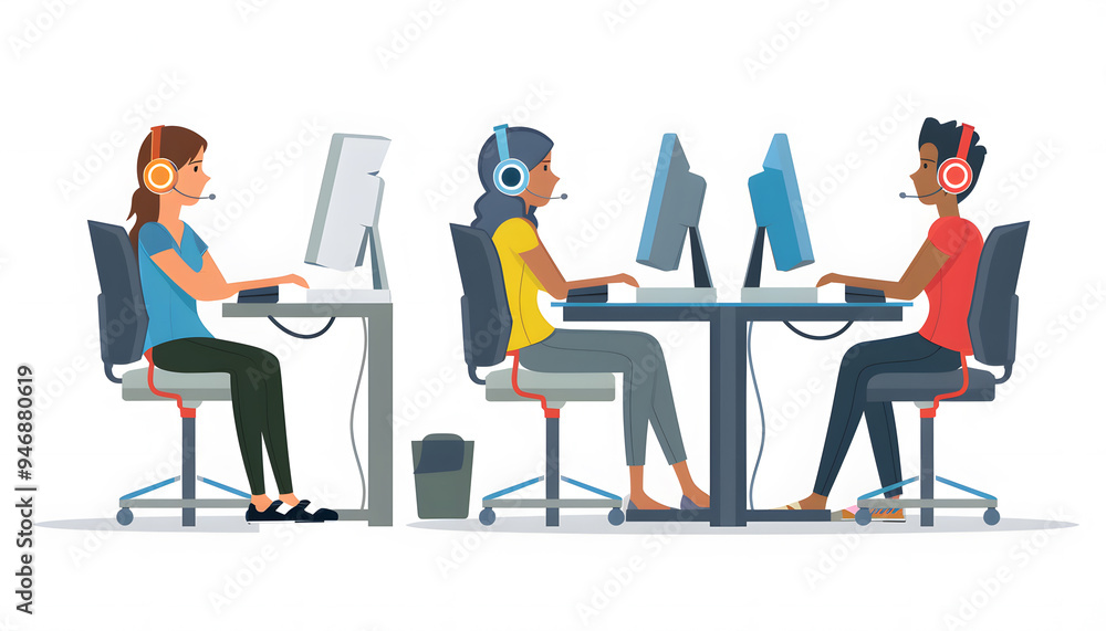 The image illustrates a scene in an office where three customer service agents collaborate to assist clients, highlighting teamwork, communication, and support in a professional workplace The image illustrates a scene in an office where three customer service agents collaborate to assist clients, highlighting teamwork, communication, and support in a professional workplace
