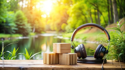 Calming background with bilateral stimulation tools, including tapping blocks and headphones, surrounded by soothing nature elements, conveying a sense of peace and tranquility.