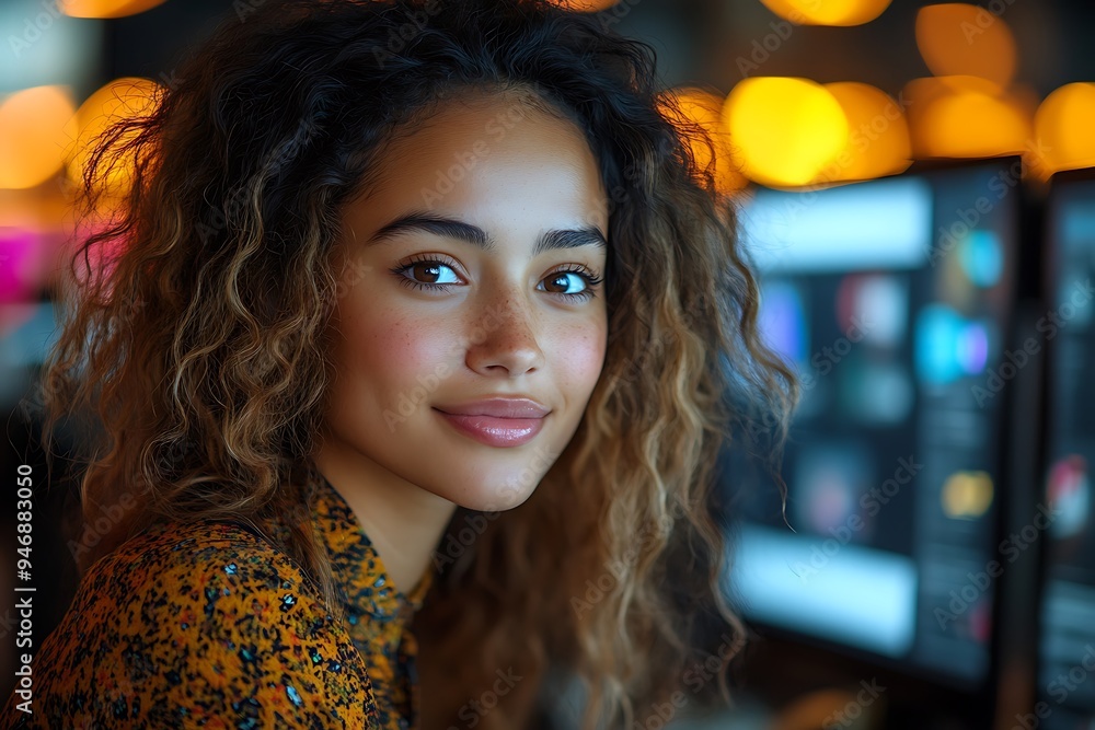 Inclusive image of happy blasian woman working on computer in creative agency office workplace. Young successful mixed race female businesswoman talking on client video call team meeting Inclusive image of happy blasian woman working on computer in creative agency office workplace. Young successful mixed race female businesswoman talking on client video call team meeting