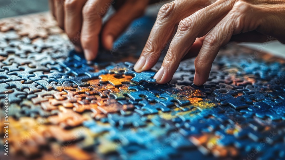 Hands Assembling a Colorful Jigsaw Puzzle Hands Assembling a Colorful Jigsaw Puzzle