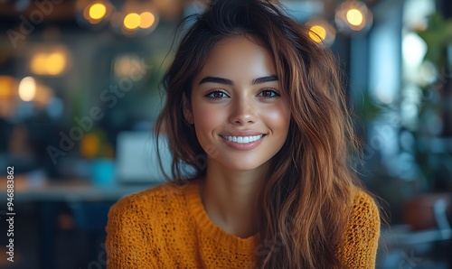  Inclusive image of happy blasian woman working on computer in creative agency office workplace. Young successful mixed race female businesswoman talking on client video call team meeting