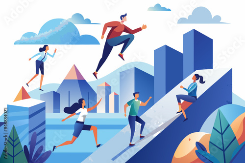 Young people doing parkour image. Flat style. Vector illustration.