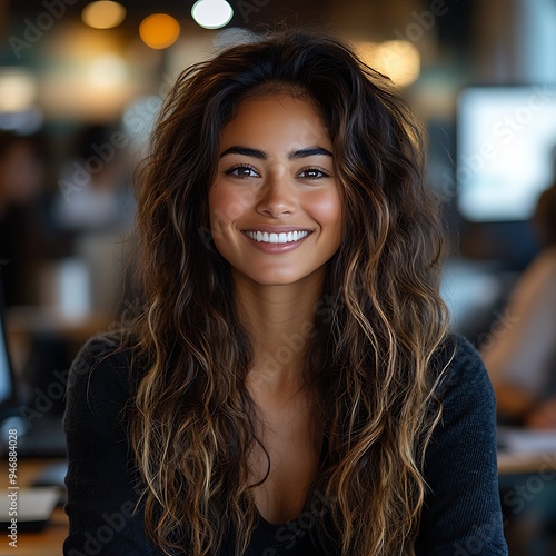  Inclusive image of happy blasian woman working on computer in creative agency office workplace. Young successful mixed race female businesswoman talking on client video call team meeting