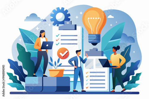 People dealing with documents or administrative processes image. Flat style. Vector illustration.