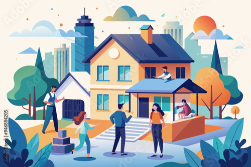People hunting house or apartment image. Flat style. Vector illustration.