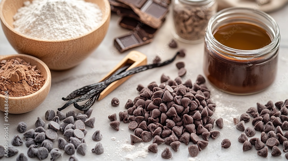 A collection of baking ingredients such as chocolate chips, vanilla extract, and baking powder, set out on a kitchen counter A collection of baking ingredients such as chocolate chips, vanilla extract, and baking powder, set out on a kitchen counter
