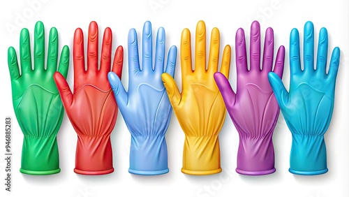 Colorful icons of various medical gloves isolated on white background, including latex, nitrile, and surgical gloves, conveying hygiene, safety, and healthcare professionalism. photo