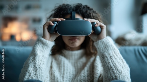 Person deeply engaged in a virtual game, wearing a VR headset and holding gaming controllers. The cozy room ambiance creates a relaxed and focused gaming environment. photo