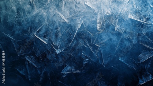 A dark blue abstract background featuring intricate ice textures. The frosty patterns create a crystalline effect, blending depth and coldness with the rich, cool tones of the icy surface.