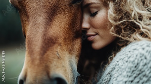 A woman with curly hair in a close, affectionate moment with a horse, both with eyes closed, symbolizing trust and deep connection set against a soft natural background. photo